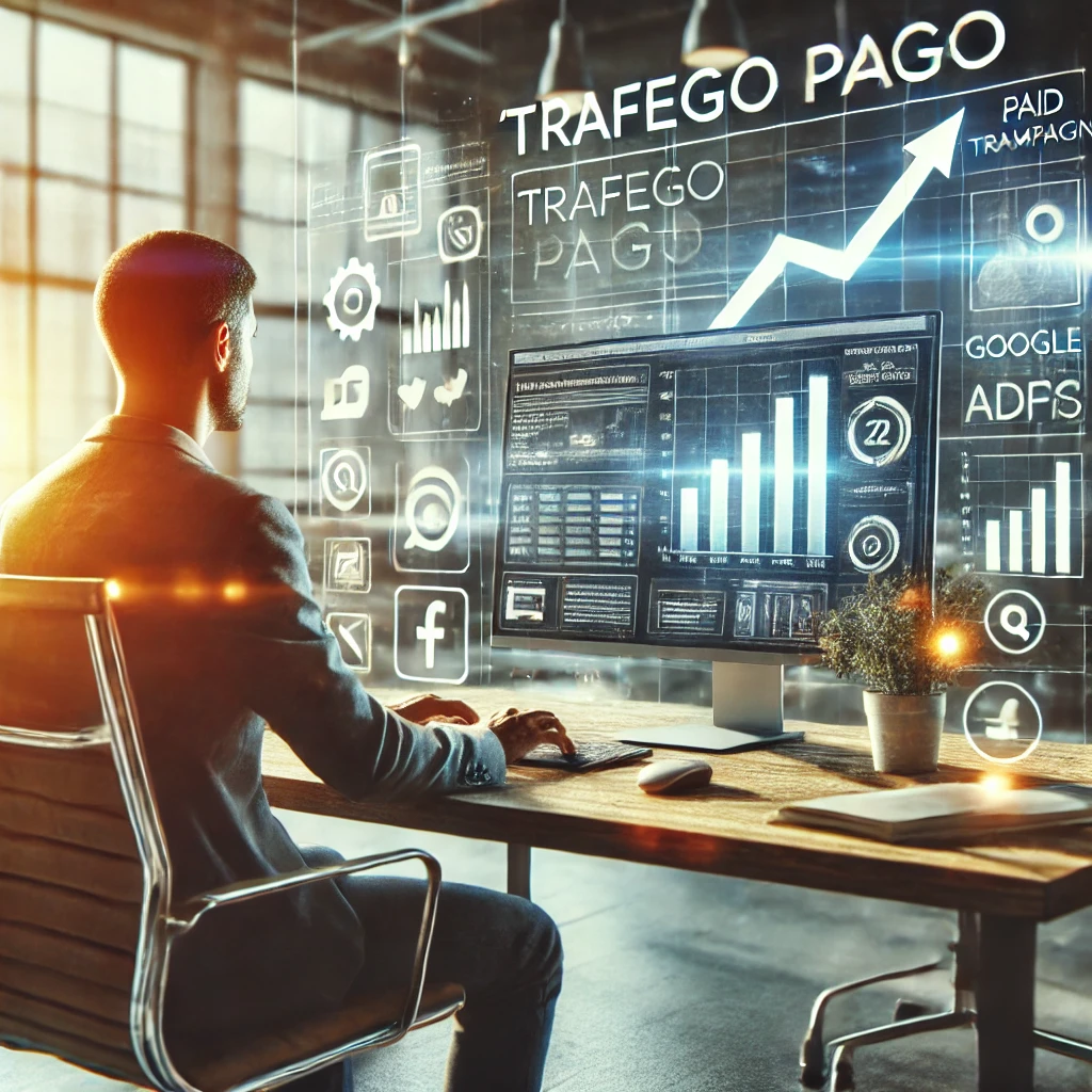 gestor sentado a cadeira e analisando um dashboard de tráfego pago